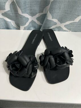 Jeffrey Campbell Black Floral Appliqué Slide Sandals
